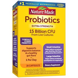Nature Made Probiotics for Digestive Health Extra Strength 15 Billion CFU from Live Cultures, Probiotics for Women and Men, 30 Probiotic Capsules, 30 