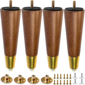 Yummy love 4-Pack 8-Inch Solid Hardwood Furniture, Mid-Century Style with Golden Metal Caps - Walnut Finish, Perfect for Couches, Dressers, Chairs, and Cabinets