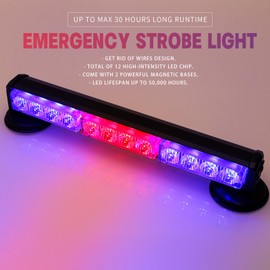 BooYu 14" Red/Blue Battery Powered Police Firefighter Emergency Strobe Lights Bar for Trucks/Vehicles Rechargeable Wireless Rooftop Mini Hazard Flashing LED Beacon Warning Light w/Magnetic Base