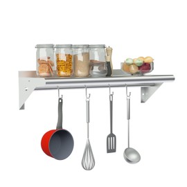 Treshin Stainless Steel Shelf with 4 Hooks 12 x 24 Inches, Commercial Wall Mount Floating Shelving Storage Pot Rack for Restaurant, Kitchen, Home, Bar and Hotel