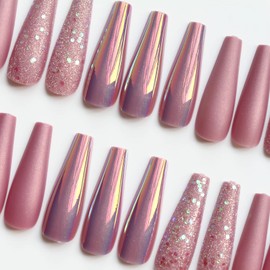 Pink Long Press Nails Electroplated Pink Design Fake Nails Long Nails Glossy Full Oover Handmade Fake Nails 30 Piece Fake Nails Kit