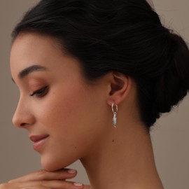 LeCalla 925 Sterling Silver Hinged Huggie Hoop Earrings | Feather Drop Dangle Earrings for Women Teen - 33MM