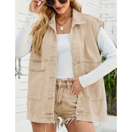 PAODIKUAI Women's Denim Vest Mid Long Jean Vest Sleeveless Jackets Distressed Vest Cotton (A-khaki, X-Small)