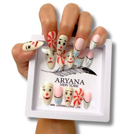 ARYANA NEW YORK 3D Almond Press on Nails Medium Handmade Fake Nails with French Acrylic Nails Press ons Almond Shape False Nails Cute Nails Stick on Nails for Women, Clown Collection - (Medium)
