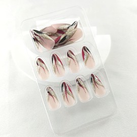 Almond Glue on Nails Medium Press on Nails French Tip Fake Nails with Black Red Lines Glitter Design Almond Medium Nails Press ons Nude Acrylic Glossy Artificial False Nails for Girls 24Pcs