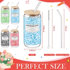 4 Pack 16 oz Back to School Glass Cups, Composition Notebook Glasses