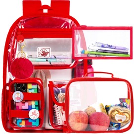 Clear Backpack, Heavy Duty Transparent Bookbag for Girls Women, Cute School See Through Backpacks for Teens Elementary - Red