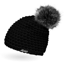 Ladies Faux Fur Knitted Hat with Fur Bobble and Fleece Lined Winter Hat Bobble Hat, Neverless® -