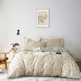 AMWAN Boho Floral Duvet Cover Queen Cotton Garden Style Aesthetic Bedding Sets Vintage Floral Comforter Chic Green Floral Botanical 1 Floral with Zipper Closure 4 Ties