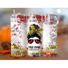 20oz Skinny Tumbler with Metal Straw & Lid - Messy Bun True Crime Obsessed Gift for Women - Perfect for True Crime Documentary Lovers