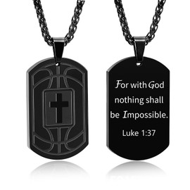 Fervia Basketball Bible Verse Cross Necklace for Men Stainless Steel Black Religious Gift Basketball Sports Jewelry Easter Graduation Gifts for Kids Boys Men Teens(Luke 1:37)