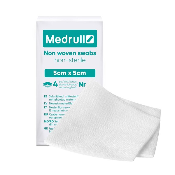 Medrull Non-Woven Non-Woven Unsterile Pack of 100 - 4-Ply 5 x 5 cm - Absorbent Dressings, Dressing Material, Wound Dressings