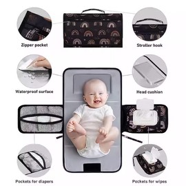 Portable Diaper Changing Station, Expandable Baby Diaper Bag, Compact Diaper Changing Travel Bag with Wet Wipe Pocket, Waterproof Baby Travel Station Set with 2 Bibs (Black)