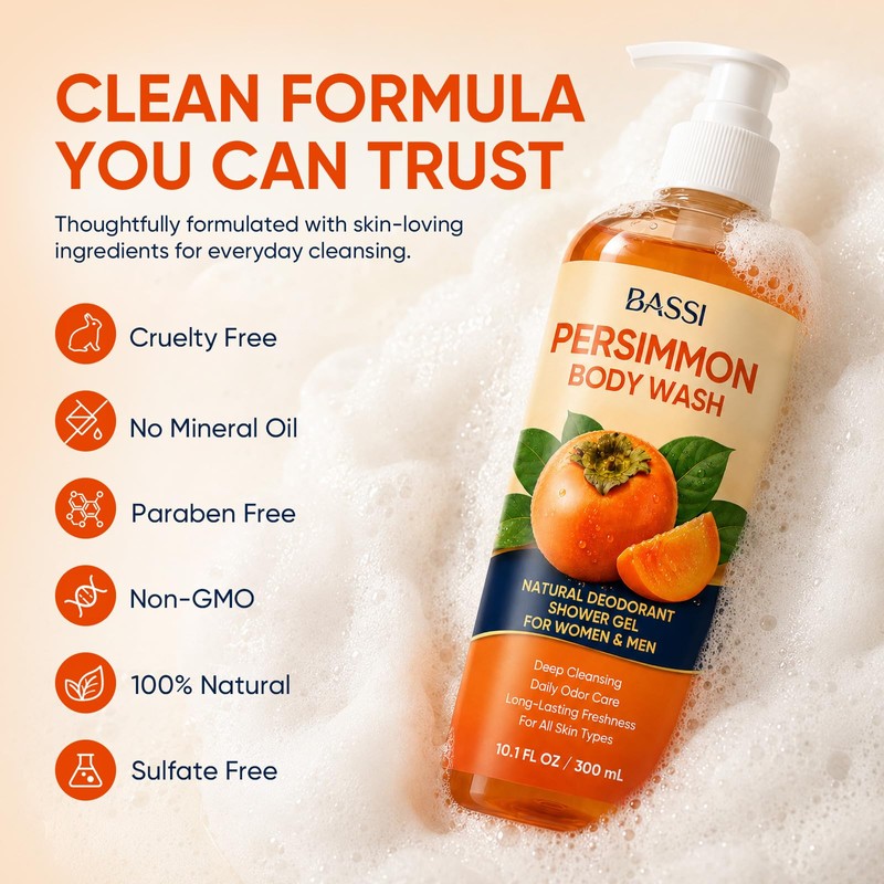 Persimmon Body Wash for Body Odor Control, Natural Deodorant Soap