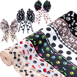 6 Rolls 30 Yards Dog Wired Edge Ribbon cat Paw Print Burlap Ribbon 2.5 Inch x 5 Yards Checkered Plaid Ribbons for Dog Party Wrapping Wreath Decoration Floral Arrangements Crafts Decor