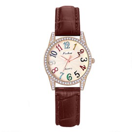 JewelryWe Watches Women's Leather Diamond: Glitter Rhinestone Analogue Quartz Wrist Watch Women Girls Leather Strap Watch with Rainbow Colourful Large Arabic Numbers Dial, 1-brown, Strap