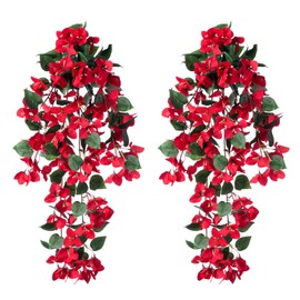 Ivydale Artificial Fake Hanging Flowers Plant for Outdoor Outside Decoration, 2 PCS Faux Silk Bougainvillea Long Vines UV Resistant Realistic Faux Hanging Flower for Home Porch Patio Balcony Yard, Red