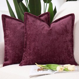 MADIZZ Chenille Velvet Throw Pillow Covers with Flange Set of 2 Super Soft Boho Textured Pillow Covers Decorative Throw Pillowcases Modern Farmhouse Home Decor for Sofa Bedroom Burgundy 18x18 Inch