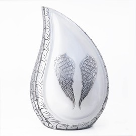 M MEILINXU Teardrop Decorative Urns, Funeral Cremation Urns for Human Ashes - Display at Home or in Niche at Columbarium, Engraved Aluminum Urns for Ashes Adult Male & Female, White Angel Wings -Large