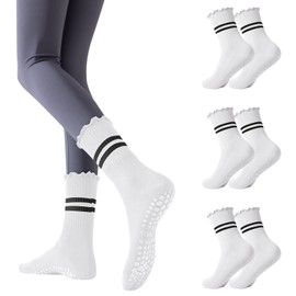 3 Pairs Pilates Socks with Grips Non Slip Ruffle Yoga Socks for Women Grip Socks for Barre Ballet Dance Barefoot Workout Gym (CA/US, Alpha, One Size, Regular, Regular, 3 Pairs - White)
