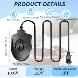 Webuys Bird Bath Heater for Outdoors in Winter, 100W Birdbath Water Heater Submersible for Winter Full-Covered Aluminum, Heated Bird Bath Deicer Thermostatic Control for Yard Patio Small Pond(Black)