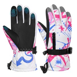 MoKo Children's Ski Gloves, Waterproof, Winter Gloves with Zip Pocket, Warm Windproof Gloves, Children 6-11 Years, Snow Gloves for Snowboarding, Sledging, Cycling, Pink and Blue, XS