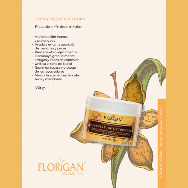 Crema Rejuvenecedora Placenta Y Protector Solar 350grs. Piel Seca Y