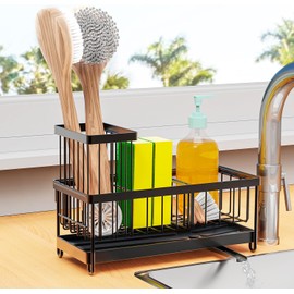 Soporte de esponja para fregadero de cocina con bandeja de drenaje automático, organizador de fregadero de cocina con soporte para cepillos, divisor organizador de platos de acero inoxidable 304 a