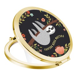 LONNAONE Compact Mirror for Women,Round Mini Pocket Travel Makeup Mirror,Pretty Portable Folding Small Pocket Mirror for Handbag,Purse,Double Sided Handheld Pocket MirrorGolden Cute Sloth