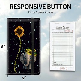 DIGTIALL Server Books for Waitress 9 x 5 Inch,PU Leather Waiter Book Server Wallet with Zipper and Check Book Holder Money Pocket Waitstaff Organizer Fits Server Apro,Elephant Sunflower