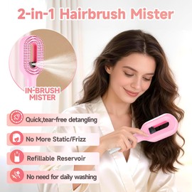 2 in 1 Portable Hair Brush with Water Spray for Detangling and Styling hair mister spray bottle,Detangling Brush for Straight Hair & Curly, Wavy-liquid spraying hair brush