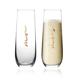GroomBrideGifts Mr and Mrs Wedding Stemless Champagne Flutes Set of 2, Bride and Groom Gifts Crystal Stemless Wine Glasses