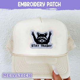 MEIYSTICK Stay Trashy Racoon Embroidery Patch for Clothes Backpacks Hats Jeans Bags, Raccoon Size 3" Iron Patch or Sew On Patches, Cute Animal Applique Embroidery Patches, Funny Gift for Girls Boys