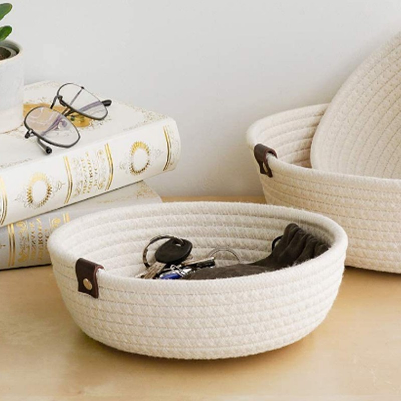 3 Piece Cotton Rope Woven Storage Basket Set Round Cotton