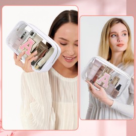LOFOWN Initial Clear Makeup Bag Small Cosmetic Bag Travel Toiletry Bag Clear Zipper Pouch Purse Organizer Bags for Women, White-M, V, Initial Makeup Bag