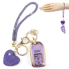 YIKECASE Key Fob Cover with Diamond Heart Keychain Car Key Holder Compatible with 2016-2022 Honda Accord Civic CRV Pilot Ridgeline Passport Key Protector for Women, 5 Buttons (Purple-Wrist Rope)