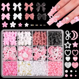 Canollo Nail Art Charms, Herz Schleife Charms Nägel, Dreidimensionales Bogen Nagel Deko, 3D Schleife Nail Gems mit weißen Halbperlen für Frauen und Mädchen Nagel-DIY-Zubehör