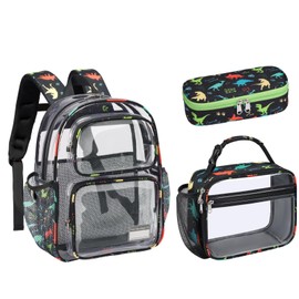 BrainyBees Clear Backpack for Boys 3 in 1 Set – 15 Inch Transparent Bookbag with Clear Lunch Bag & Pencil Case, Black Dinosaur
