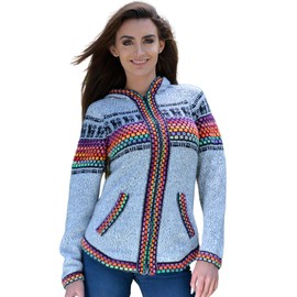 Gamboa Alpaca Women's Hooded Cardigan Pullover Autumn Winter, Grey and multi-coloured