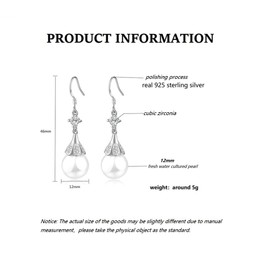 Bellitia Jewelry 925 Sterling Silver Fresh Water Pearl/Green Onyx/Red Onyx Dangling Earrings for Women, Dangle CZ Diamond Hook Earrings Drop Earrings Set, Sterling Silver, pearl