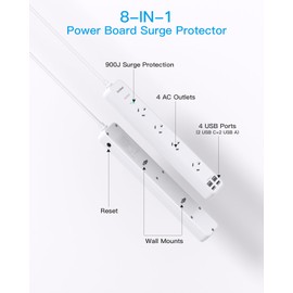 One Beat Power Board Surge Protected, 4 Widely Outlets with 4 USB Ports(2 USB C Charging Port), USB Power Board with 1.2M Extension Cord, 900J Surge Protection, Flat Plug, Wall Mount for Home Office