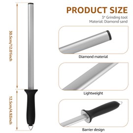 3 PCS Diamond Sharpening Steel, 12 Inch Premium Diamond Honing Steel, 1000 Grit Portable Knife Sharpener Rod for Sharpening Kitchen Knives or Home Gourmet Blade, Professional Chef Honing Rod