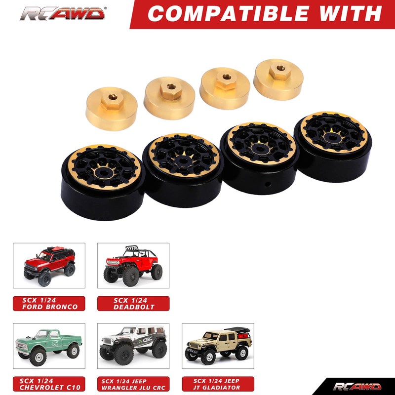 RCAWD 1.2" SCX24 Beadlock Wheels Full Brass & Wheel Hex