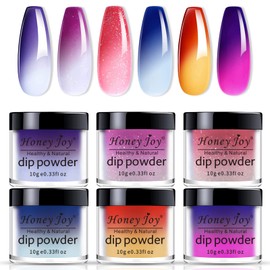 6 Box/Set Temperature Mood Changing Colors Fine Dipping Powder Dip Powder Color Collection, Sun Orange/Yellow, Rose Pink/White Glitter, Green Blue Purple (W-3-1-2-8-10-17-10g/box)