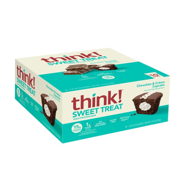 think! Sweet Treat Protein Bar, 15g Protein, Gluten Free, On-the-go Snack, Low sugar, Chocolate & Creme Cupcake, 10 Bars (57g Per Bar)