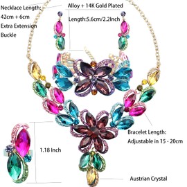 Jewelry Set for Women Rhinestone Austrian Crystal Statement Flower Necklace Link Bangle Bracelet Dangle Earrings Rings Allergy Free Wedding Party Jewelry Set for Bridal Bridesmaid, Alloy, crystal