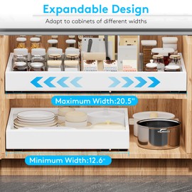 2 Pack Pull Out Cabinet Organizers, Expandable Slide Out Drawers for Cabinets Fixed with Adhesive Nano Film, Heavy Duty Roll Out Shelves for Kitchen Base Cabinet Organization, Pantry, Bathroom, White