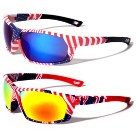 V.W.E. 2 Pairs Men USA Patriotic Sport Wrap Around Sunglasses With Mirror Lens - UV Protection (1 Blue 1 Orange)