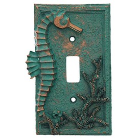 Top Brass Seahorse Nautical Beach Art Decor - Electrical Cover Wall Plate Bronze/Verdigris Finish - Single Switch, Double, Rocker, Outlet (Single)