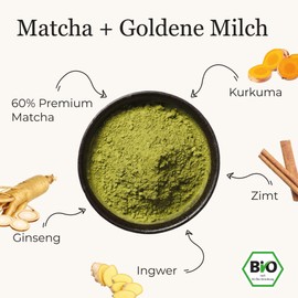 Organic Golden Matcha+, Matcha Mix with Turmeric, Ginseng, Ginger, Cinnamon and 60% Organic Premium Matcha from Japan, Inspired by Golden Milk, 80 g